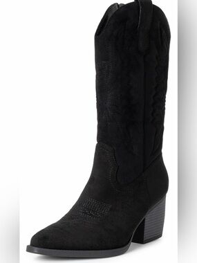 Women's Black Microsuede Mid-Calf Heeled Western Boots